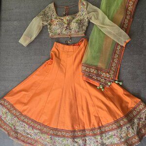 Women's Orange and Green Lengha (Small)